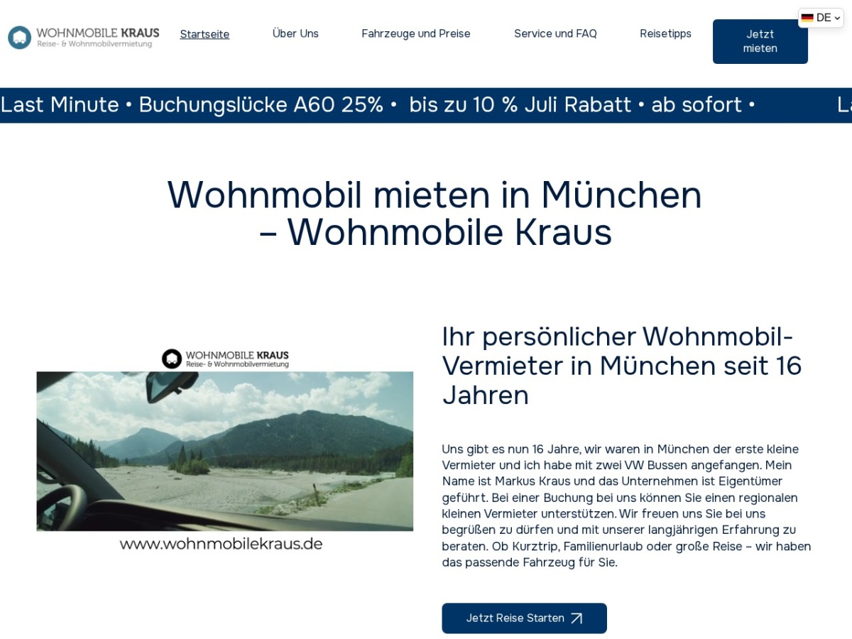Website-Mockup Wohnmobile Kraus – Wohnmobil-Vermietung, München